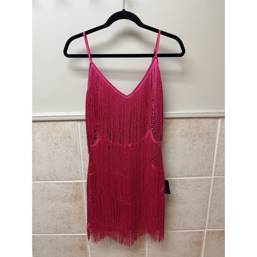 Lulus Hot Pink Sequin Fringe Dress Sz M NWT Bodycon Party Cocktail Mini - Picture 2 of 11